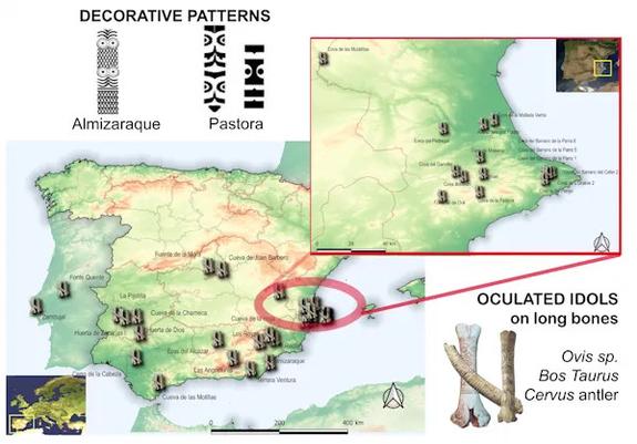Figure 1. Distribution of the Oculated Idols on long bones. [map of Iberian peninsula with site markers and detail inset of Cap Marti]