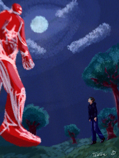 Arin observando al titán colosal que hizo Foolish en el QSMP con el cielo nocturno y la luna de fondo.