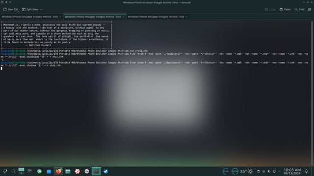 Konsole window showing a command to recursively check any files (via find) in the directory except Emulators/* and */*/Skins/*, and not calculating checksum for files that have the file extensions .md5, .sha* (.sha1 and .sha256), .chk and .crc32, then running the sha1sum command to dump the sha1 checksum of each file matching the find parameters then dumping it into a file called "sha1.chk".