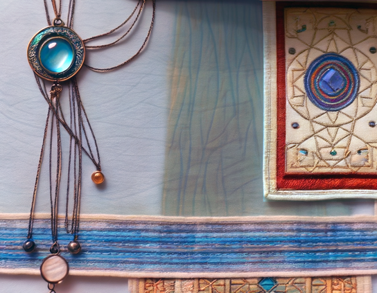 Ornate pendant with blue gemstone, strings, and beads, against a wall hanging pieced from dyed and embroidered textiles.