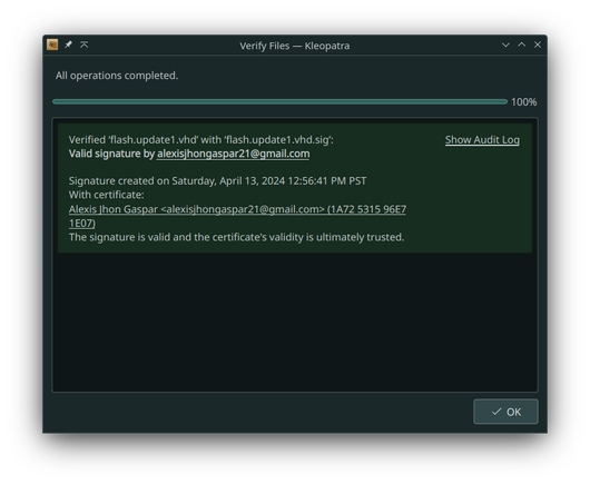 Kleopatra (cryptographic hash utility) showing that the file is signed from me, via GnuPG. But of course it's still owned by MS, the signature is there just for extra assurance that nothing went wrong while transfer (either issues on file integrity or malware damage).