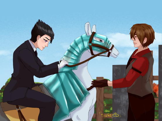 Vegetta777 triste montando a su caballo Vicente regresando a casa por que arruinaron su boda y Luzu dándole apoyo, ambos en las escaleras hacia el castillo de Vegetta. (Dibujito antiguo, solo lo veo y cada vez veo más errores >~<)