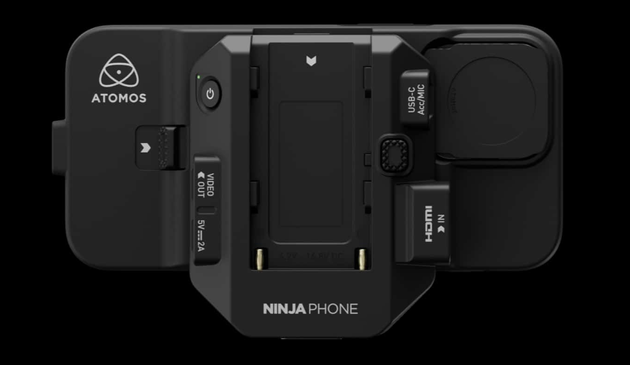 Produktová fotografie Ninja Phone a jeho zadních konektorů z webu https://www.atomos.com/explore/ninja-phone/