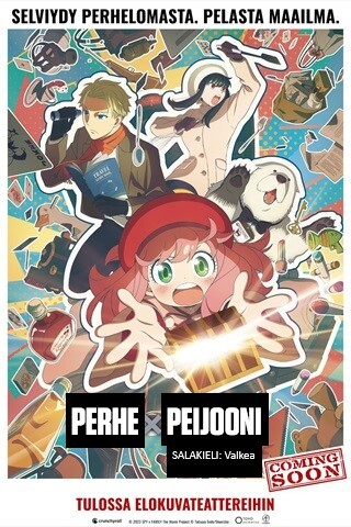 Spy x Family CODE: White -anime-elokuvan juliste, jossa elokuvan nimi on muutettu muotoon "Perhe x Peijooni SALAKIELI: Valkea"