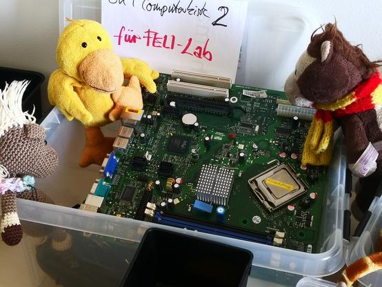 Strickpon Zuppy, Reiseony und Pöttke schauen sich ein Motherboard an.