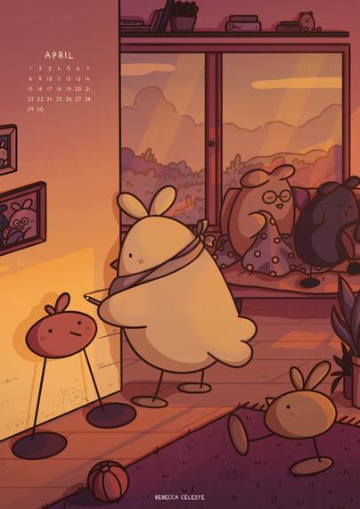 A bird that takes the size of a smaller bird standing on the wall. Next to it an even smaller bird playing ball. In the background you can see two exhausted birds sleeping on the couch.