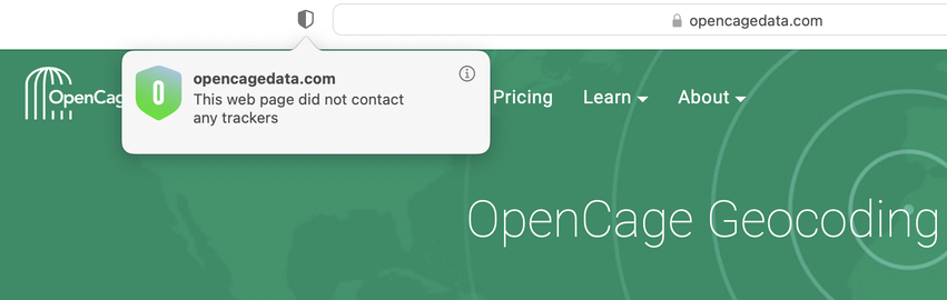 Screenshot of Safari browser showing there are no trackers on the OpenCage site