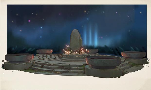 Standing stone on a raised pedestal surrounded by five unlit oxidised metal braziers. The central stone has flowing flowers and bones around its base.