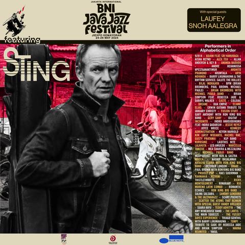 Promotional poster for the Jakarta International Java Jazz Festival (only fictionally!) featuring Sting with details of the event and a long list of performers. Design background is in the colours of Indonesia’s flag, red and white.