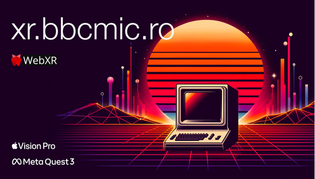 xr.bbcmic.ro - webXR app for Vision Pro and Meta Quest 3. Illustration of an 80s computer on a retrofuturistic retro background