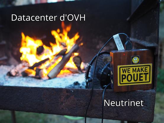 Photo d'un barbecue. À l'arrière plan, il y a écrit "Datacenter d'OVH" au dessus du feu, et à l'avant plan on voit un petit boîtier qui alimente un ventilateur USB. En dessous de ce petit appareil qui ressemble à une brique internet, il est écrit "Neutrinet".