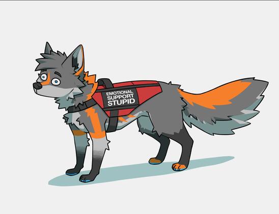 grout the fox with an "emotional support stupid" vest on