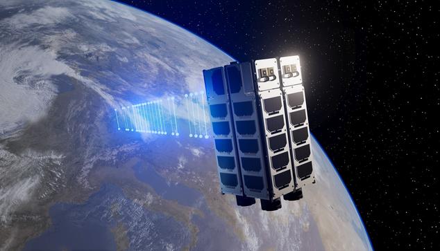 Visualisierung eines CubeSat mit einer Quantenschlüsselübertragung zwischen Jena und München. (Bild: Fraunhofer IOF)