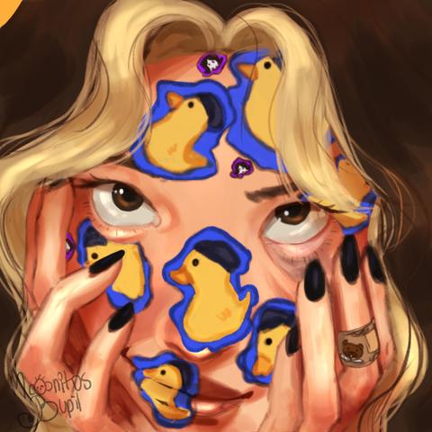 un dibujo de mí con stickers de patitos en la cara