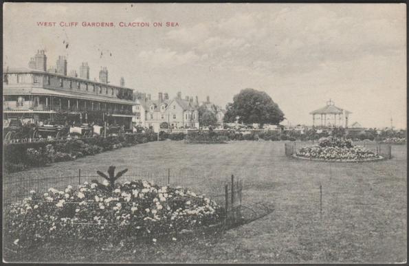 Printed monochrome postcard showing a view of the West Cliff Gardens at Clacton on Sea in Essex.
Publisher not stated, though identical cards were published in The IXL Series, not numbered.
Postally used on 20 May 1911 with double circle Southend-on-Sea cancellation on green halfpenny stamp and sent to Minnie or Mrs H. Hanks, 65 Mildmay Park, Islington, London N.
Very good condition, with very slight corner bumps.