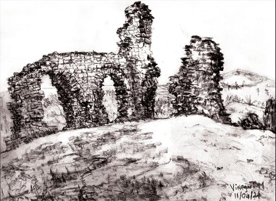Charcoal Drawing of Dinas Bran Castle ruins drawn plein air