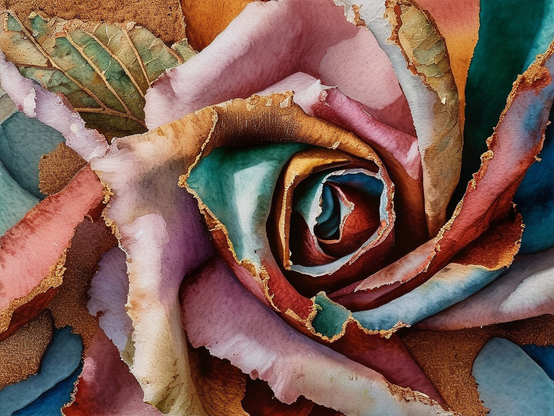 Close-up of a folded rose made from watercolored rough-edged rag paper, in pinks and earth tones  with  blue and green accents.