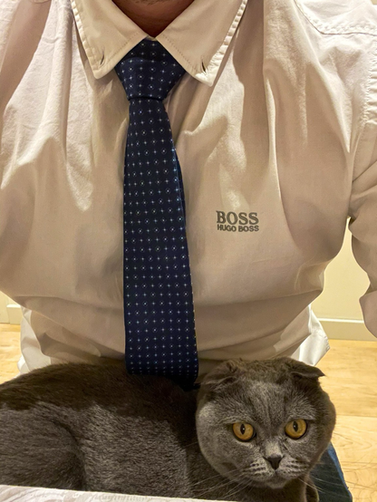 Selfie de Vegetta777 (aunque no se Mira su rostro) en traje con su gatita Kira
