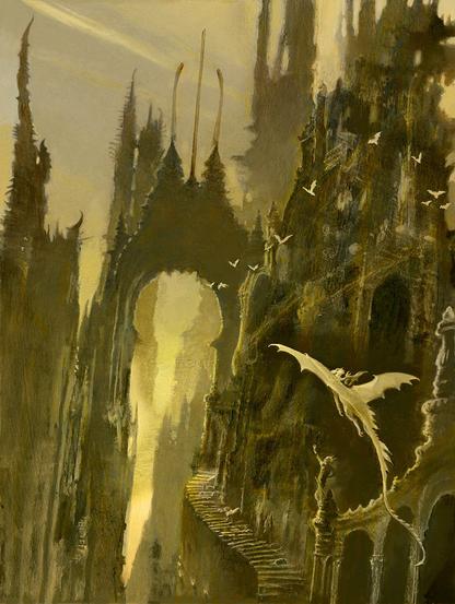 A white dragon with Elric riding on its back soars against the backdrop of a fantastic city rendered in amber and black. Steps wind up to an ornate gate and into the city of Melnibone.
