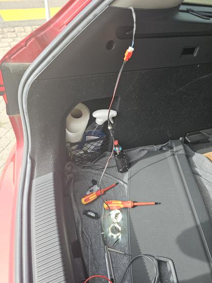 Printed connector plugged to the car. All in the boot. 
Led stripes are connected and enlighten