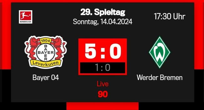 Endstand Bayer 04 gegen Werder Bremen 5:0