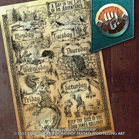 A black and white hand inked fantasy illustration of the daily challenges of the modern day tabletop adventurer.