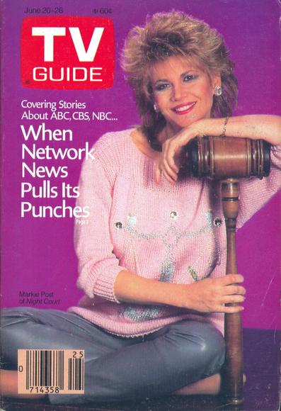"Whne Network news pulls its punches" is the text. Markie is seen smiling and propping herself up on a gavel.