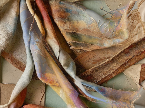 Multiple textures, weights, and translucency combine in a single composite fabric with pastel and earthy tones. Arranged in gentle folds, in a morning light that adds depth to the soft material.