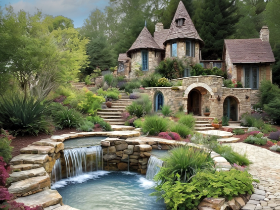 A luxurious stone hotel with landscaped gardens, and waters of a spring cascading into a pond in the foreground.