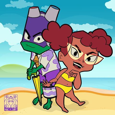 Chibi versions of April and Donnie from Rise of the Teenage Mutant Ninja Turtles enjoy an outing to the beach. On the right, April leans forward slightly with an open-mouthed smile that shows off her teeth. She’s wearing a yellow strapless bathing suit. Her left hand is splayed out and has a beach bag with a purple and white wave design on it hanging from her wrist. Her right hand is curled underneath her chin. Donnie is on the left, wearing his normal bandana and goggles, but otherwise only clothed in an open white Hawaiian shirt with purple flower print, as well as purple board shorts. He’s leaning on a yellow umbrella that has a green-and-light-yellow handle (the same colors as the jacket April usually wears). The background is a simplified beach scene with yellow sand, blue water, green hills, and a blue sky with white clouds. The Cthonyxa logo is in the bottom left.