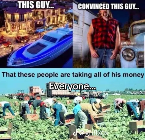 First picture, a yatch and a wealthy proprety : "This guy..."

Second picture, we can see a man living in poverty : "convinced this guy..."

Third picture, we can see a lot of workers, maybe underpaid and racialized people : "that these people are taking all of his honey. Everyone..."