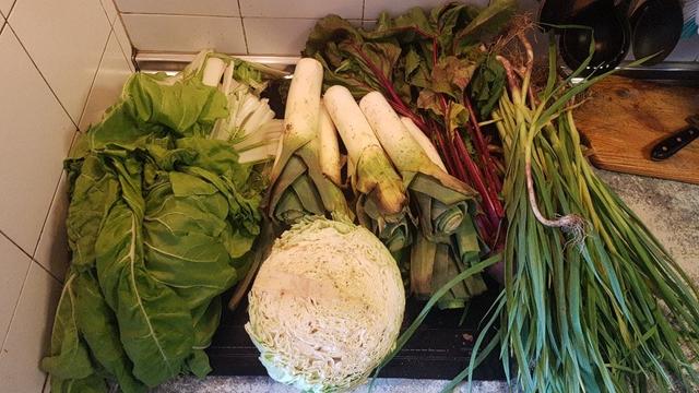 Contenido de la cesta de la semana con acelgas, repollo, puerros, una lechuga, remolachas y ajetes.
