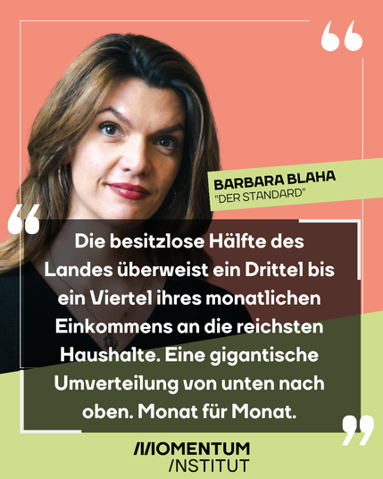 Barbara Blaha schreibt in einem Gastkommentar für die Tageszeitung "Der Standard": Die besitzlose Hälfte des Landes überweist ein Drittel bis ein Viertel ihres monatlichen Einkommens an die reichsten Haushalte. Eine gigantische Umverteilung von unten nach oben. Monat für Monat.