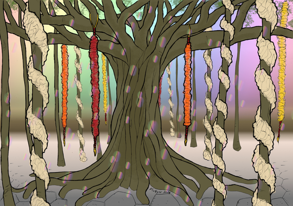 Illustration. A drawing of a banyan tree adourned with long wreaths of flowers. Rainbow colours refract around. By Fluffgar 2024.