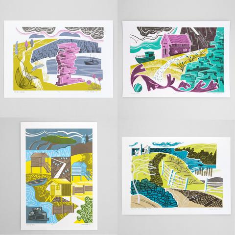 Four screenprints. One shows a coastal path around a cliff, with a rock stack sticking up out of the sea. The next shows a boat house on a slipway with a boat in front and cliffs to the right with a path coming down. Then we have a print of beach huts with a path coming through the centre of the print. There are three huts. Lastly a print of a coastal path winding along the headland with a tin mine in the distance, a fence next to the path and sea and headland top right.