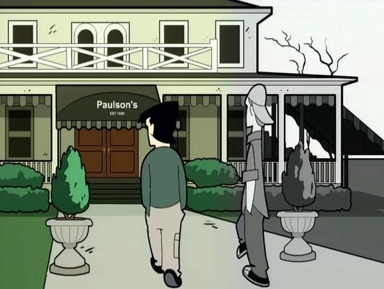 A cartoon image of two young men walking toward a funeral home. The image is turning from black and white into color.