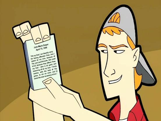 A cartoon image of a young man with a backwards baseball cap holding a prayer card. The name at the top is Julie Marie Dwyer, dated April 15, 1994.