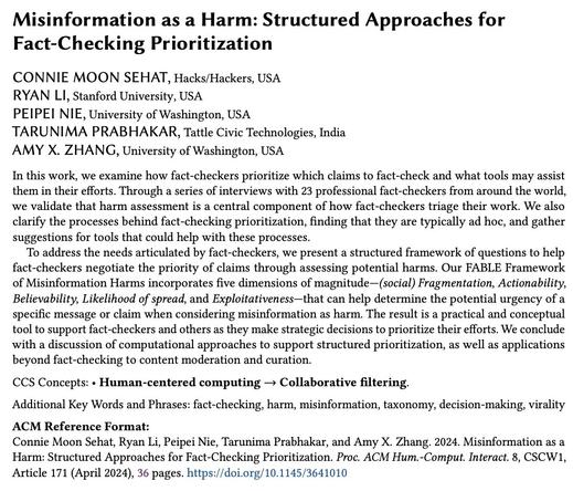 First page of paper. Title: "Misinformation as a Harm: Structured Approaches for Fact-Checking Prioritization"