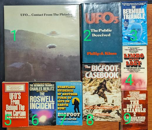 9 different used vintage books on UFOs, Bigfoot, and The Bermuda Triangle
