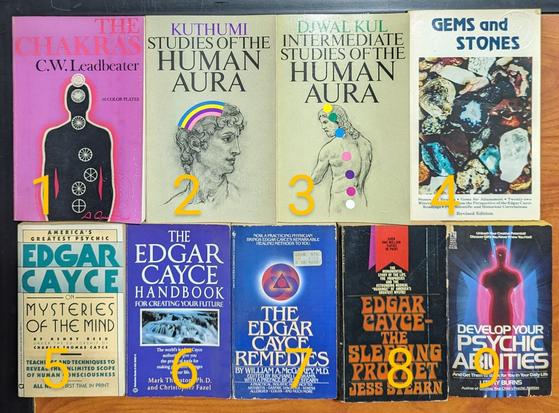 9 different used vintage books on Chakras, Auras, Edgar Cayce