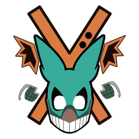 logo. first you see a cartoonish green figure, with big rabbit ears, white eyes and a big teethy smile. There are grenade each side, and little cartoonish explosion. In the background there is an orange cross.