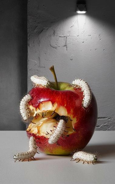 «Generated by ideogramai»
((A still life of tiny small white moth larvae tearing through an apple) There is only one apple and five moth larvae on the screen, and the background is a gray plaster wall.)


④«Generated by LeonardoDiffusion»
(Photo of apple blossom), macro photography