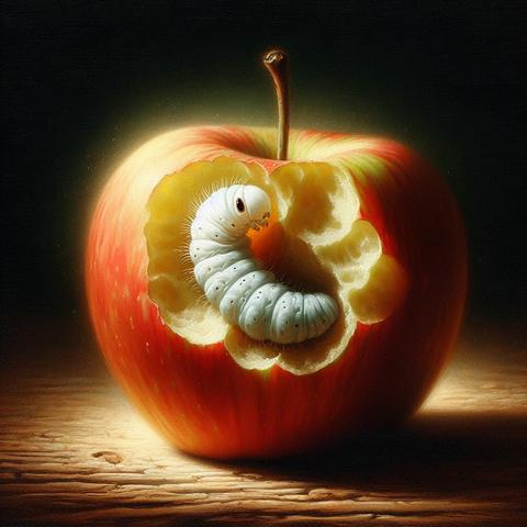 « Generated by Bingimagecreator »
(A small white larva peeks out from the apple: a still life depicting the microscopic world). The larva has bitten into the center of the apple and has just seen the outside world. This painting gives a sense of the birth of life and the energy of nature. (Mysterious)







④«Generated by LeonardoDiffusion»
(Photo of apple blossom), macro photography
