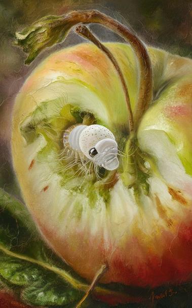 « Generated by ideogramai »
(A small white larva peeks out from the apple: a still life depicting the microscopic world). The larva has bitten into the center of the apple and has just seen the outside world. This painting gives a sense of the birth of life and the energy of nature. (Mysterious)