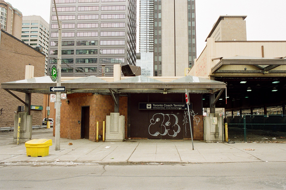 The former Toronto Coach Terminal, derelict and gutted, awaits demolition.