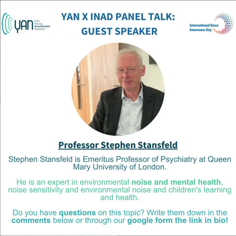Prof Stephen Stansfeld talk announcement with picture

"Noise Matters: Unraveling the Effects and Solutions of Environmental Noise"