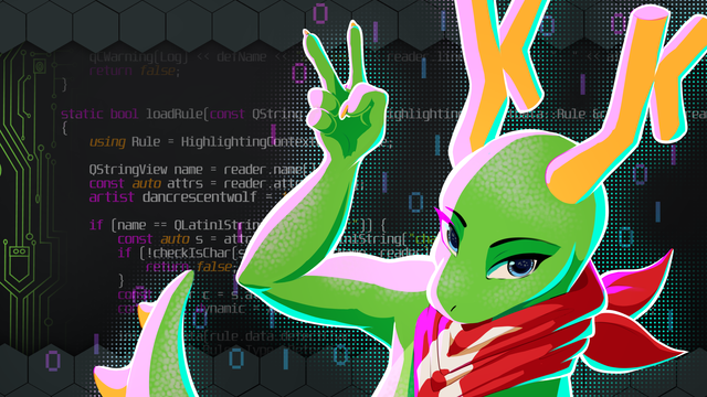 Fanart of Konqi, KDE's mascot.
Green anthro dragon, doing the piece sign with his hand