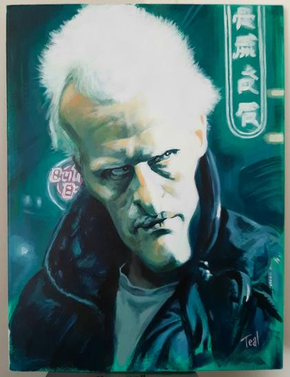Caricature of Roy Batty, with neon signs in the background.