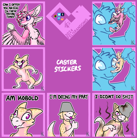 digital art of an Avali and Kobold character made for telegram/discord stickers. For the Avali: Being held up by a very large YCH, leaning back with egg in hand saying "Can I offer you an egg in these trying times?". For the Kobold: Being held up by a giant YCH, gremlin squat pose, wall-eyed blepping saying "Am Kobold", Bucket on head with thumbs up saying "I'm doing my part!", leaning over dirty the bucket on head is dented bad now saying "I didn't do shit!".