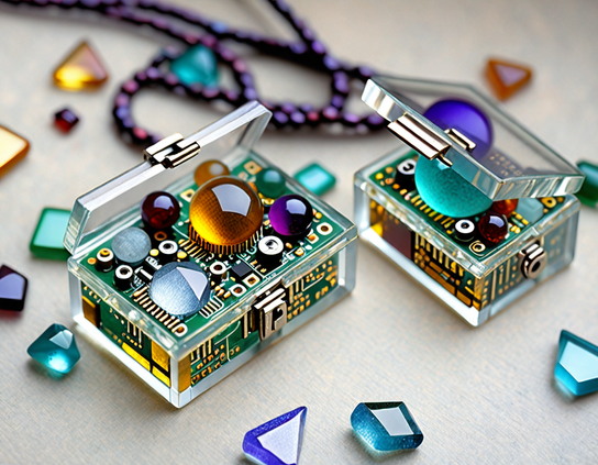 Two miniature transparent boxes holding intricate circuit boards and multicolored polished gemstones, with a few loose stones and a string of beads alongside. Macro photography style.